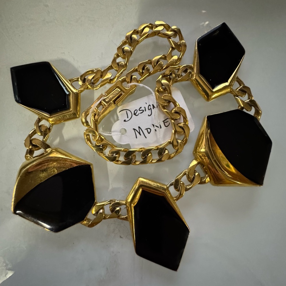 Monet Gold Curb Chain, Black Enamel Geometric, Modernist  Necklace 16"      2761